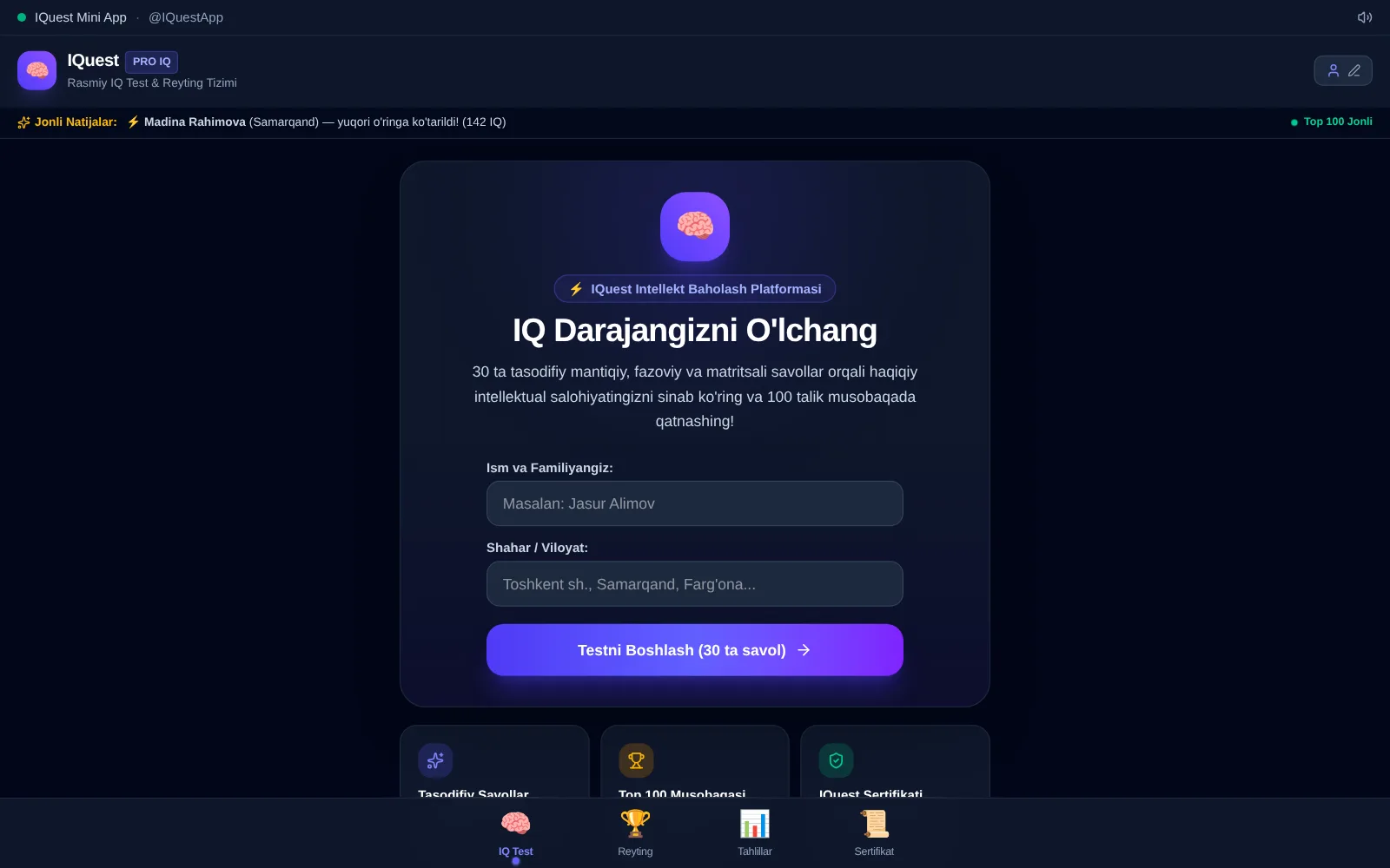 IQuest: IQ test platformasining bosh sahifasi